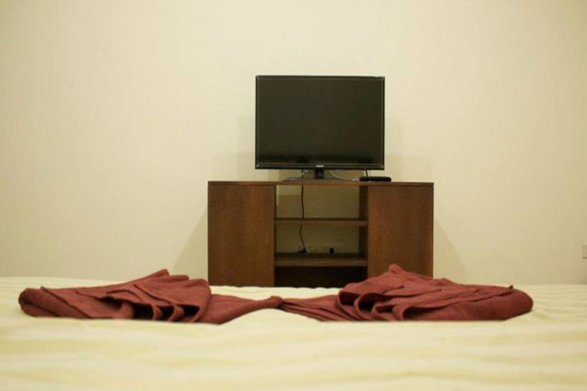 Een bed met een televisie op een houten standaard, een dekbed en een effen muur.