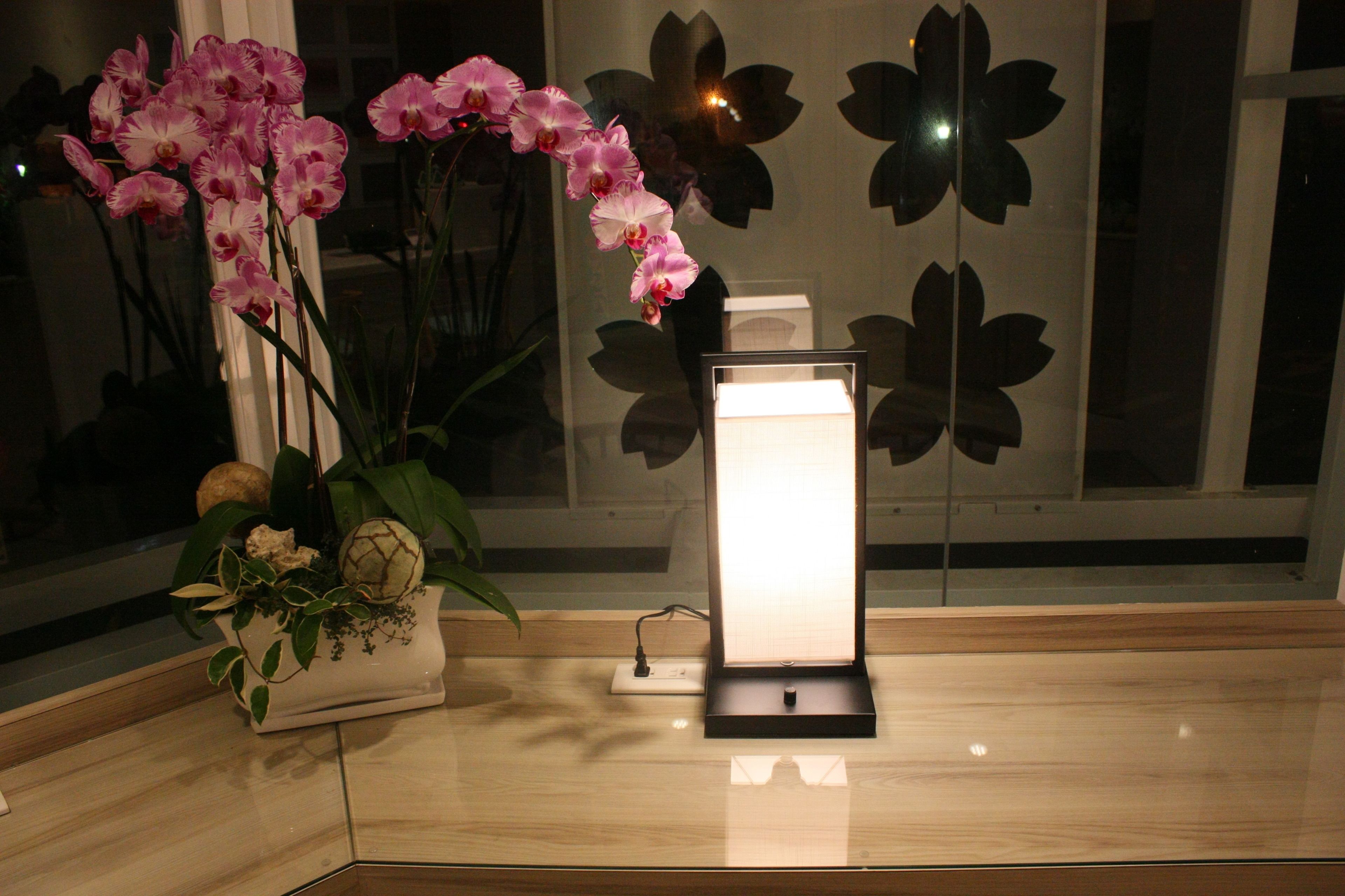 A room with a potted orchid plant, a lit lamp, and a decorative wall panel.