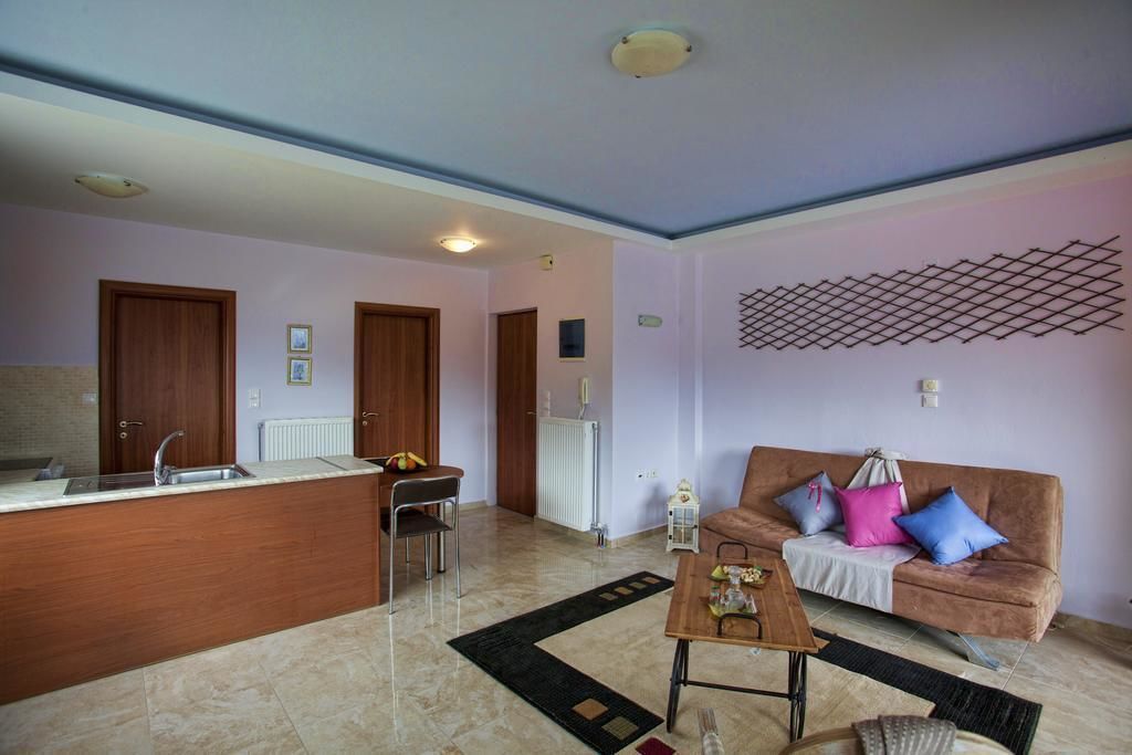 Un espacio habitable compacto con kitchenette, un sofá con cojines, una mesa de centro y una alfombra pequeña.