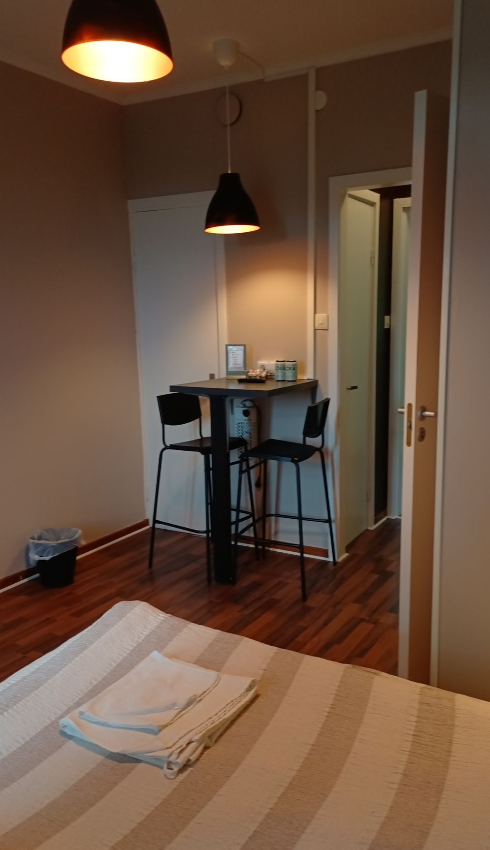 Ett rum med ett matbord, två stolar, en hängande lampa, en dörr och en papperskorg.
