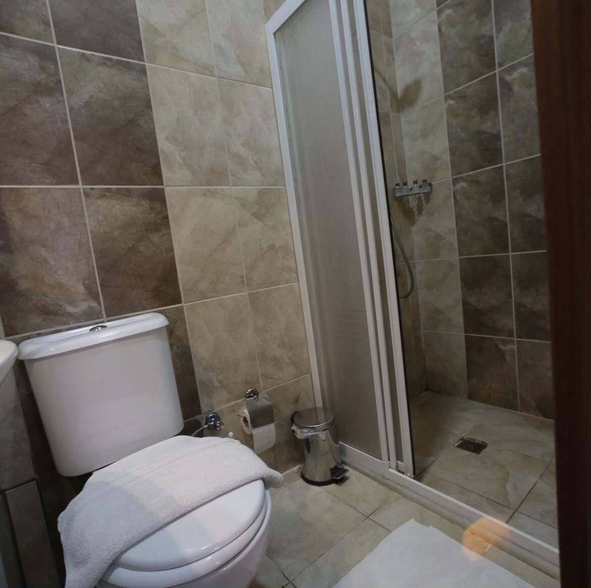 A bathroom with a toilet, a shower enclosure, and a trash can.