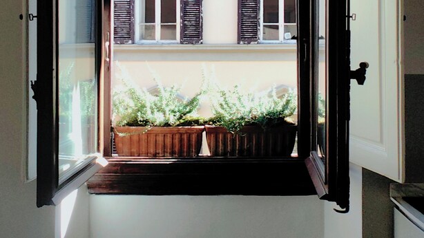 An open doorway leading to a balcony with a view of a building with shutters and a wooden fence. - My Guest In Florence (Florence)