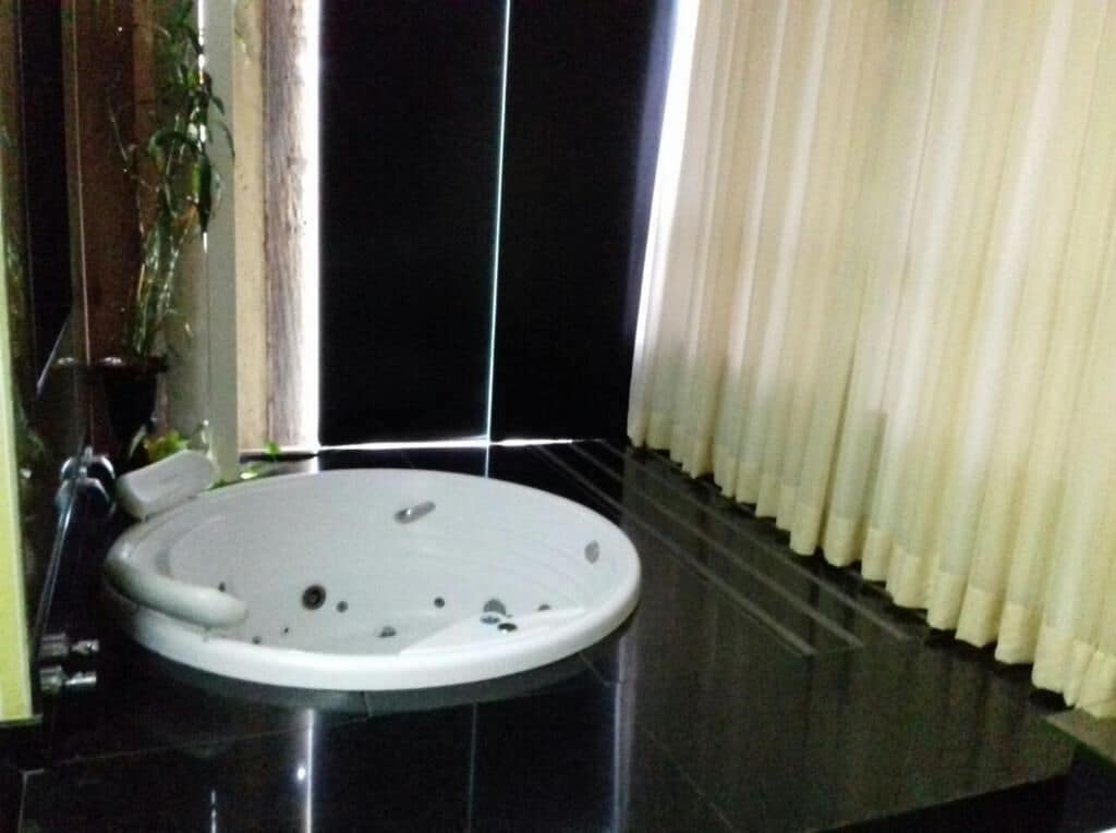 A spa area with a hot tub, a potted plant, and a curtain.