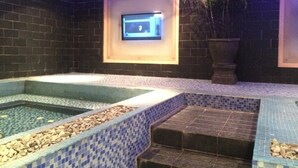Uma área de spa com piscina azulejada, uma tela de televisão e uma planta em vaso.