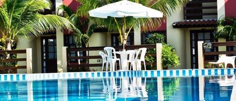 Outdoor pool, pool umbrellas, pool loungers