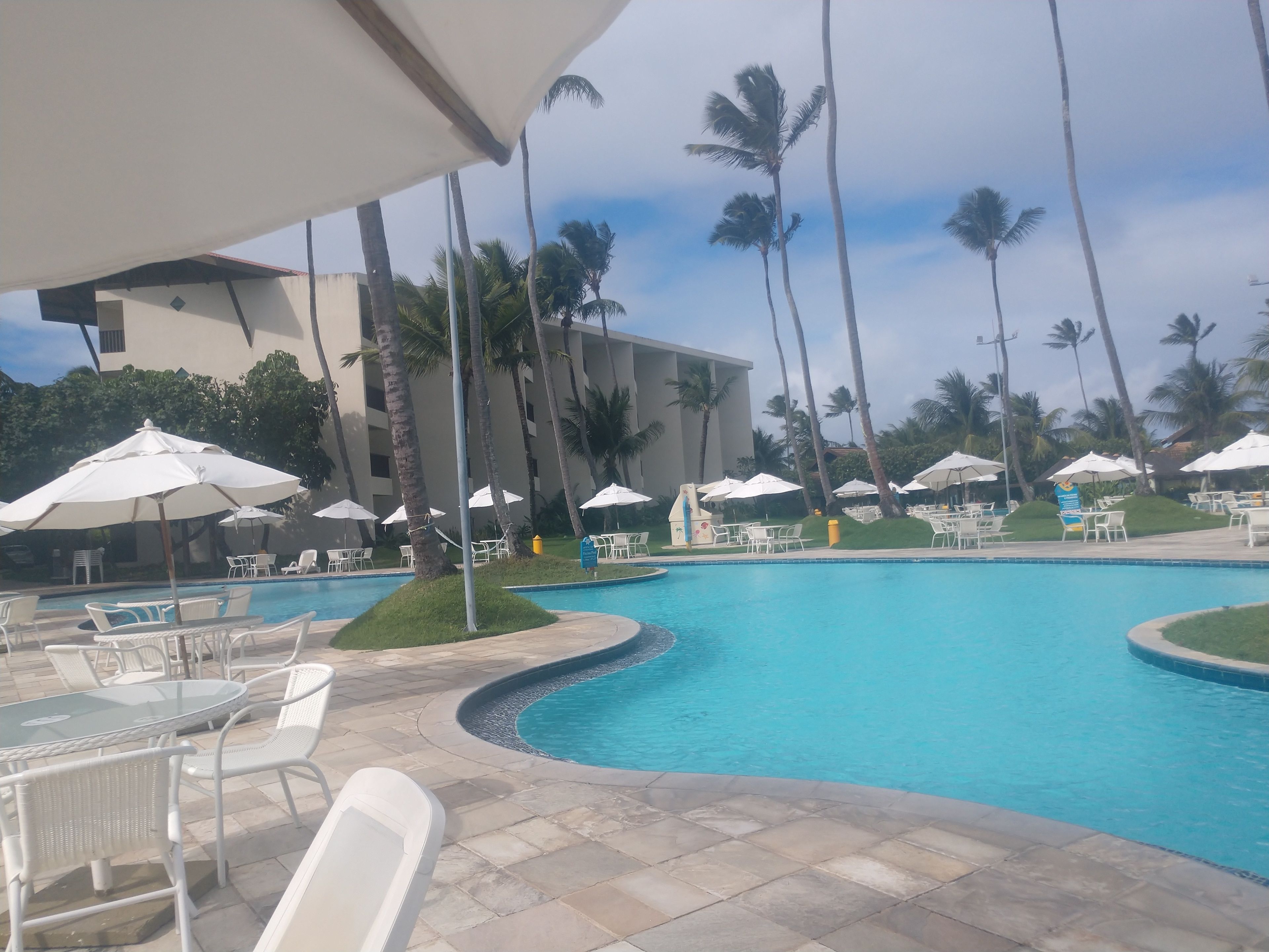 A pool area with lounge chairs and umbrellas, surrounded by palm trees and a building in the background.