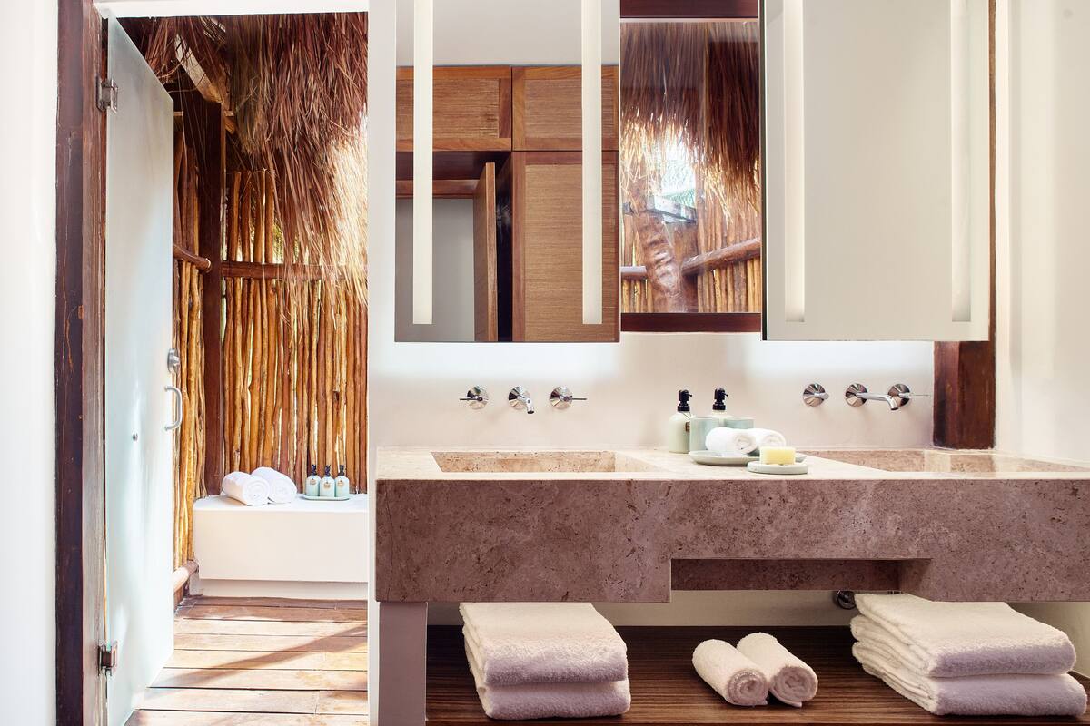 shower, rainfall showerhead, designer toiletries, hair dryer