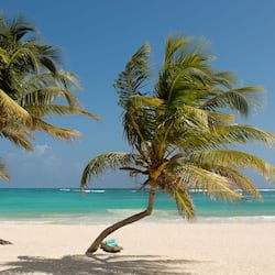 On the beach, white sand, sun-loungers, beach umbrellas