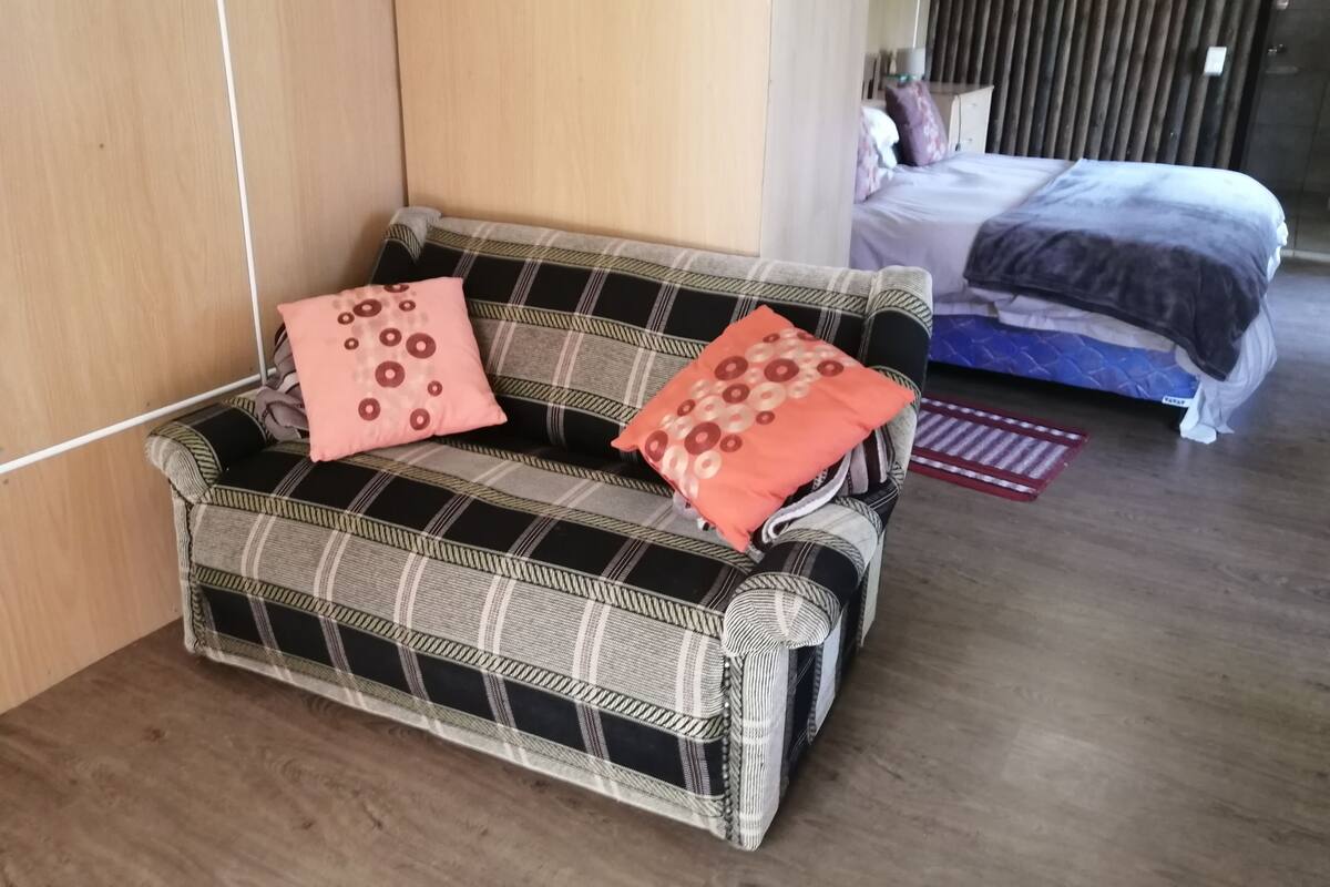 A room with a sofa and a bed.