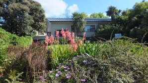 Un bâtiment doté d’un toit en pente, entouré d’un jardin où poussent différentes plantes et fleurs.