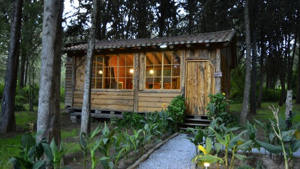 A rustic wooden cabin with large windows, surrounded by a gravel path and lush greenery. - Inraki Lodge (Guayllabamba)