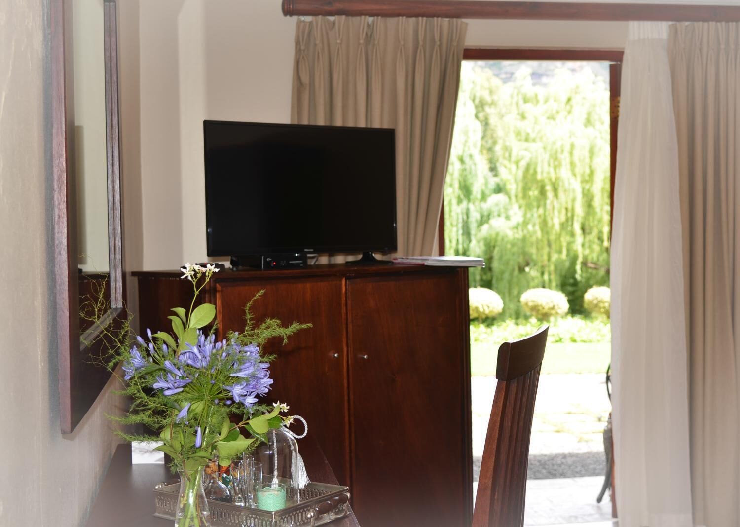 A room with a television on a wooden cabinet, a vase with flowers, and a view of greenery outside.