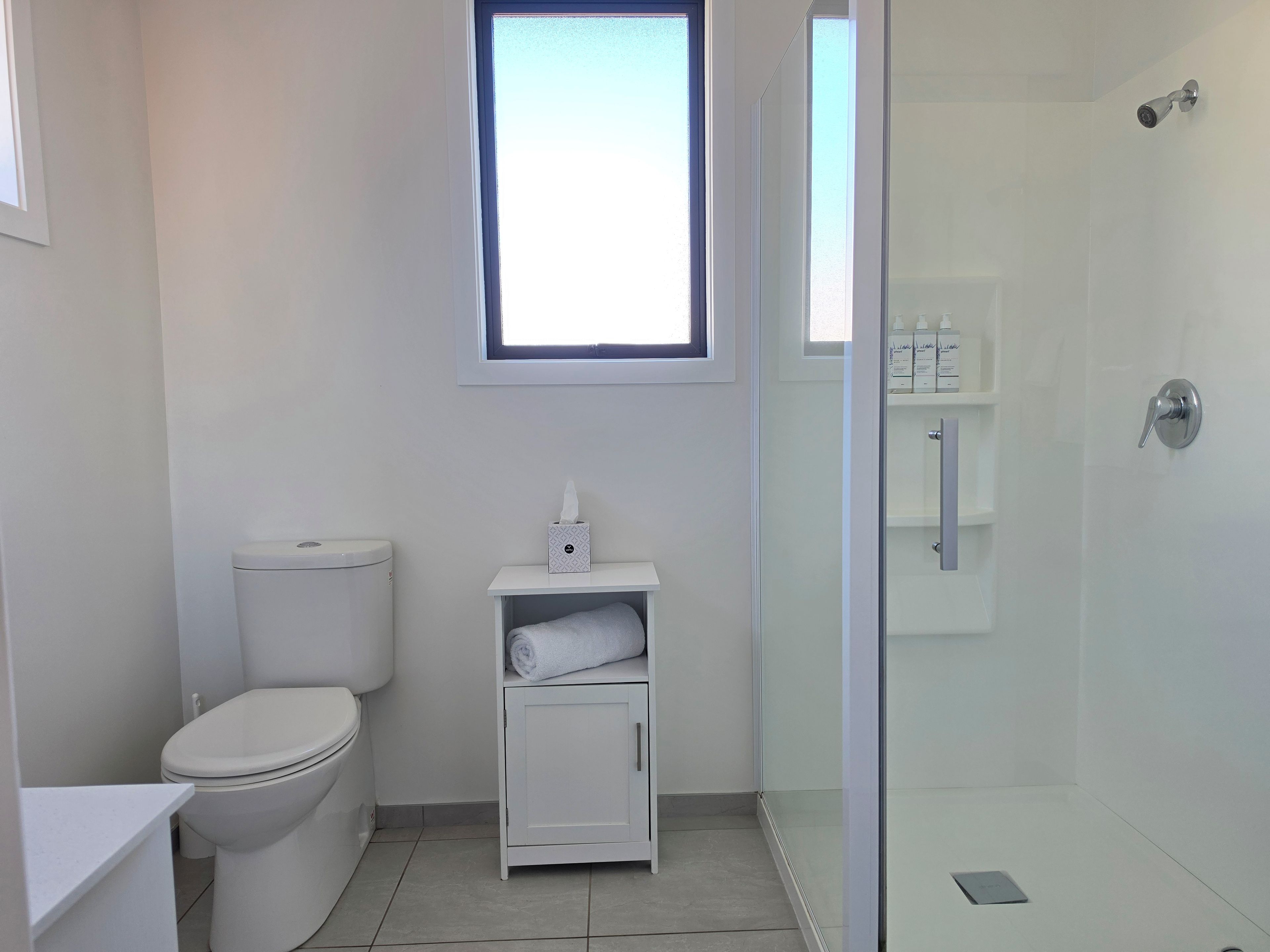 A modern bathroom with a toilet, a glass shower enclosure, and a small shelf with toiletries.