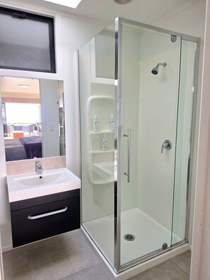 Ein modernes Badezimmer mit einer begehbaren Glasdusche, einem weißen Waschbecken und einem Spiegel über dem Waschtisch.