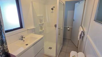A modern bathroom with a glass shower enclosure, a sink with a mirror, and a towel rack.