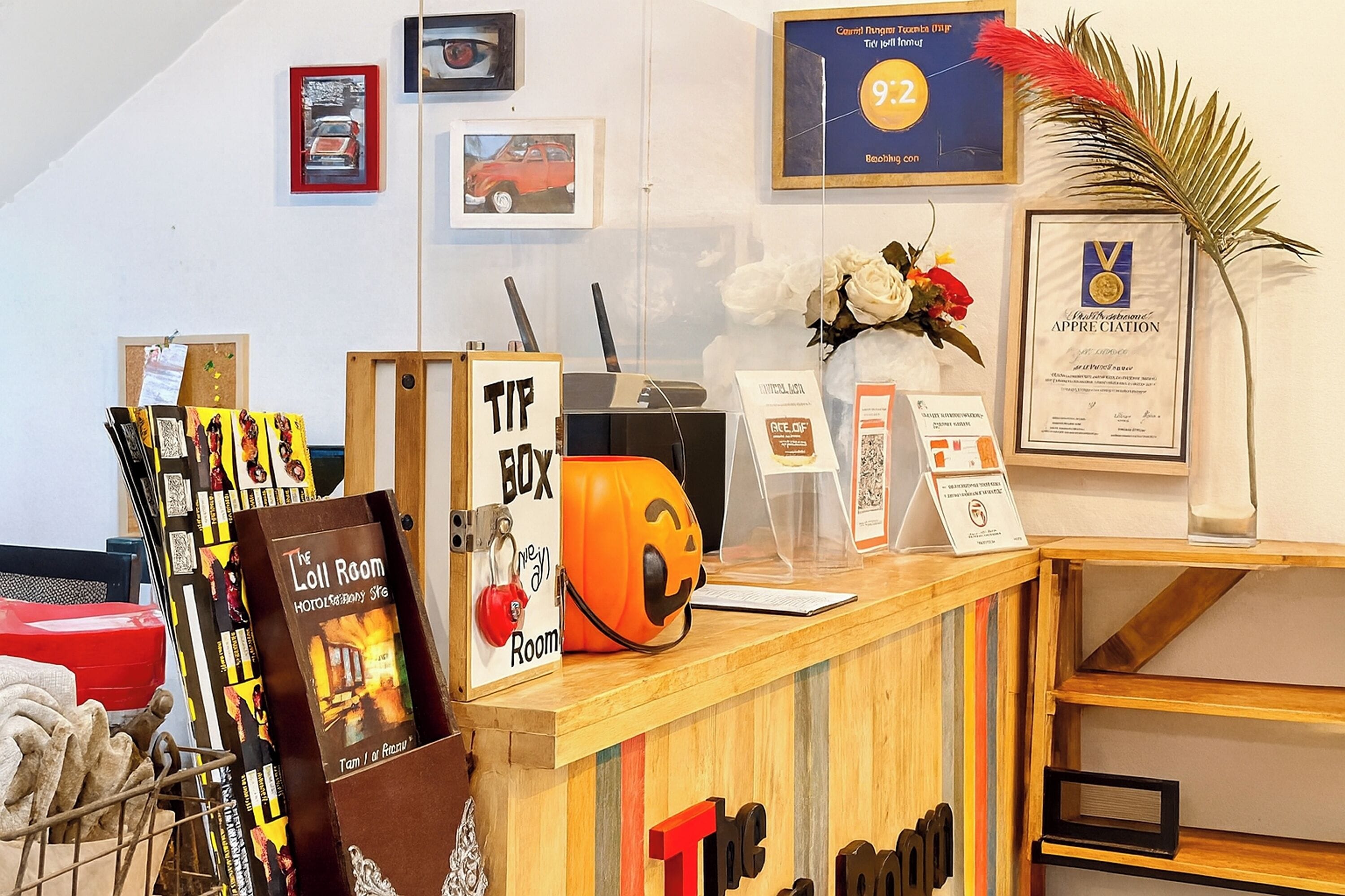 A reception desk with a sign that reads 'TIP BOX' and a decorative pumpkin.