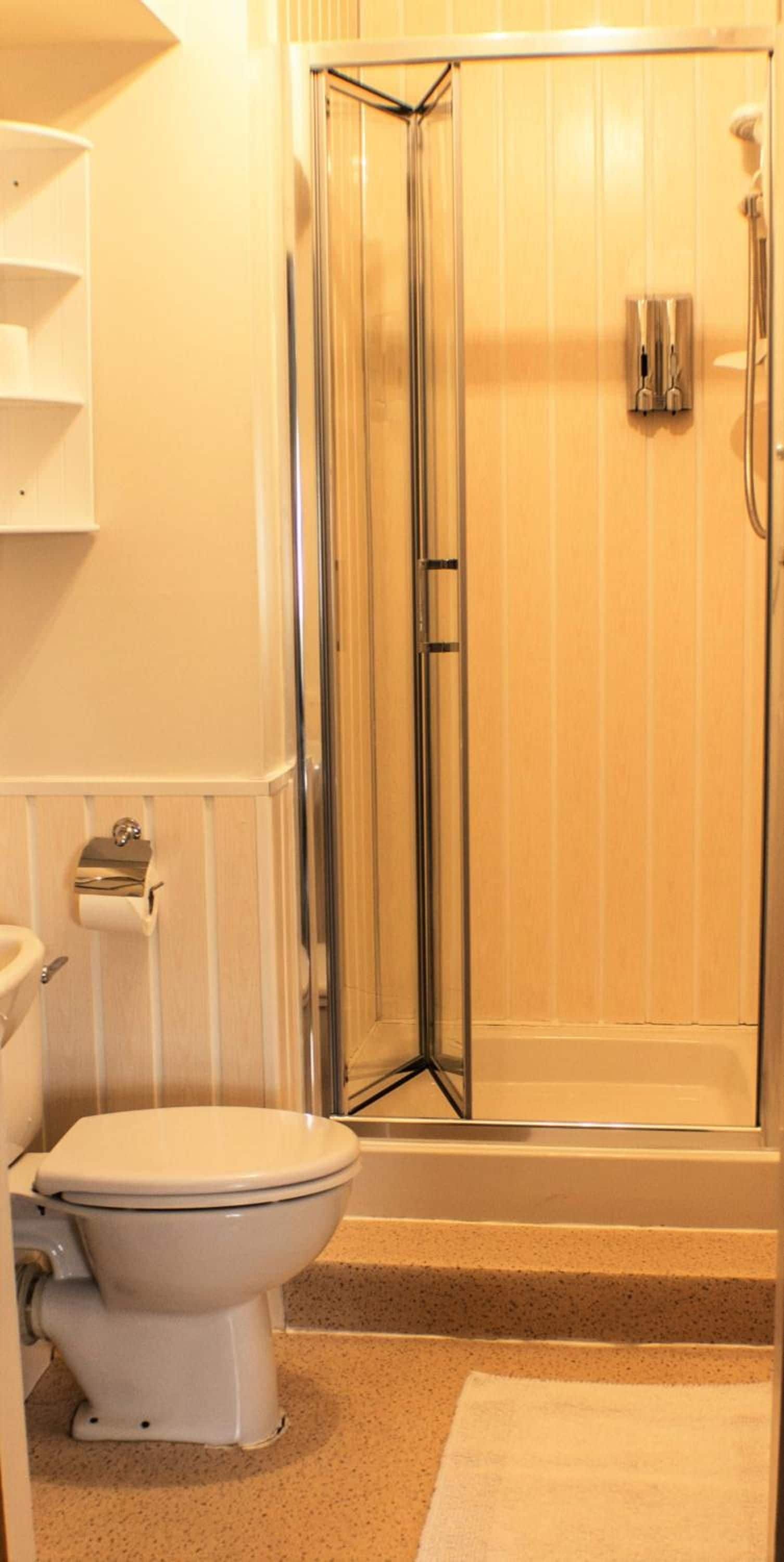 Een badkamer met een wit toilet, een douchecabine van glas en een handdoekrek.