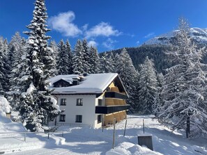 Ein modernes, zweistöckiges Chalet mit geneigtem Dach, umgeben von schneebedeckten Bäumen und einer Bergkulisse.