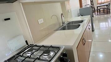A kitchen with a gas stove, a sink, and wooden cabinets.