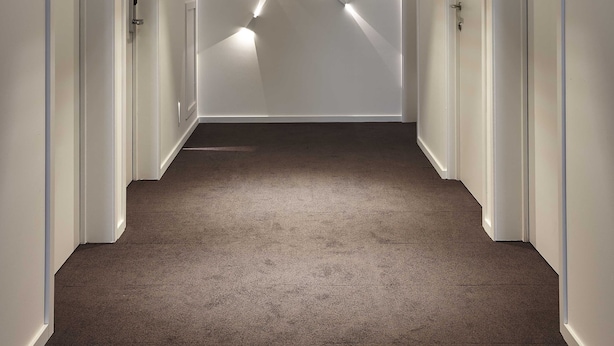 Un couloir doté d’un sol recouvert de moquette, de murs blancs et de portes de part et d’autre.