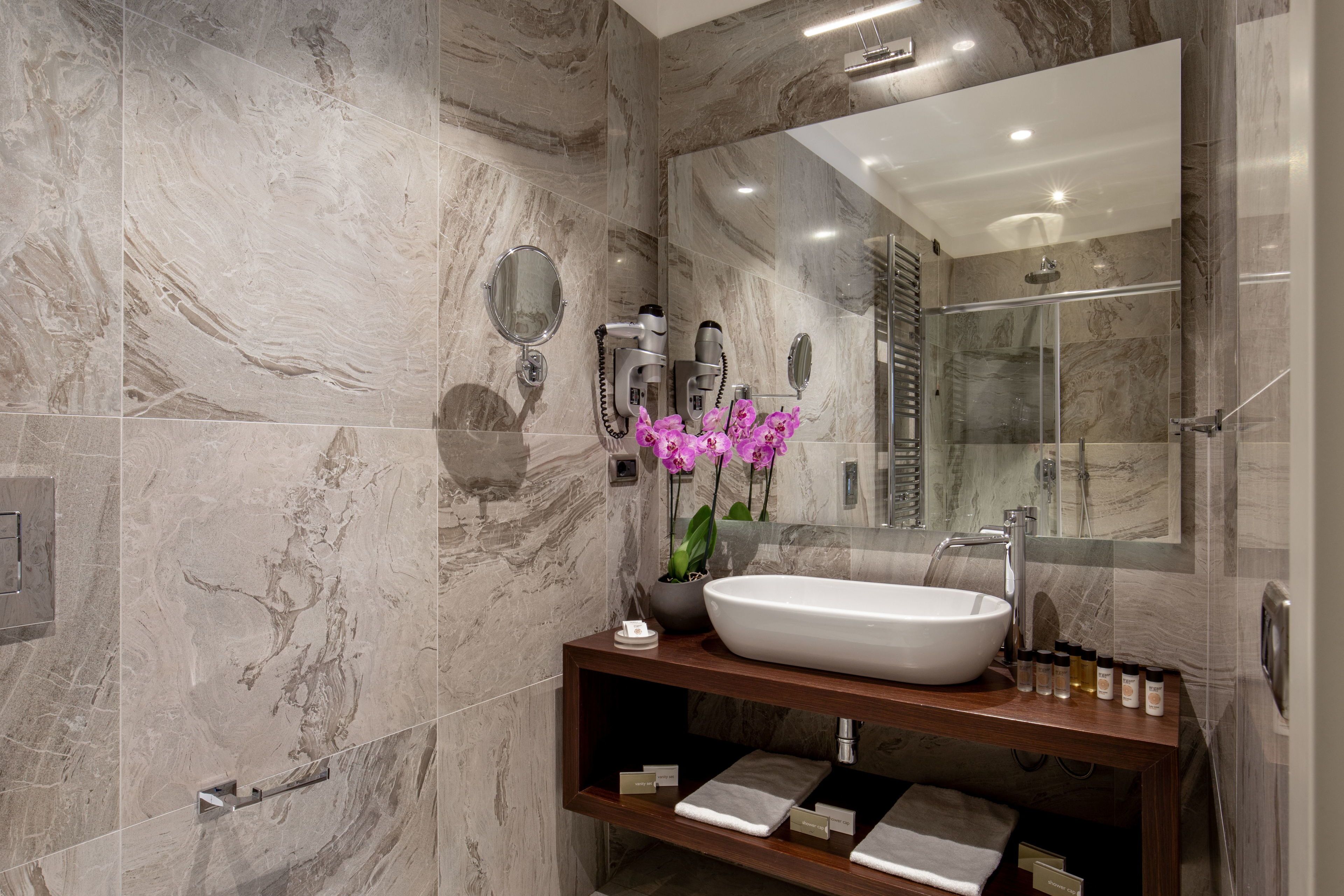 free toiletries, hair dryer, towels