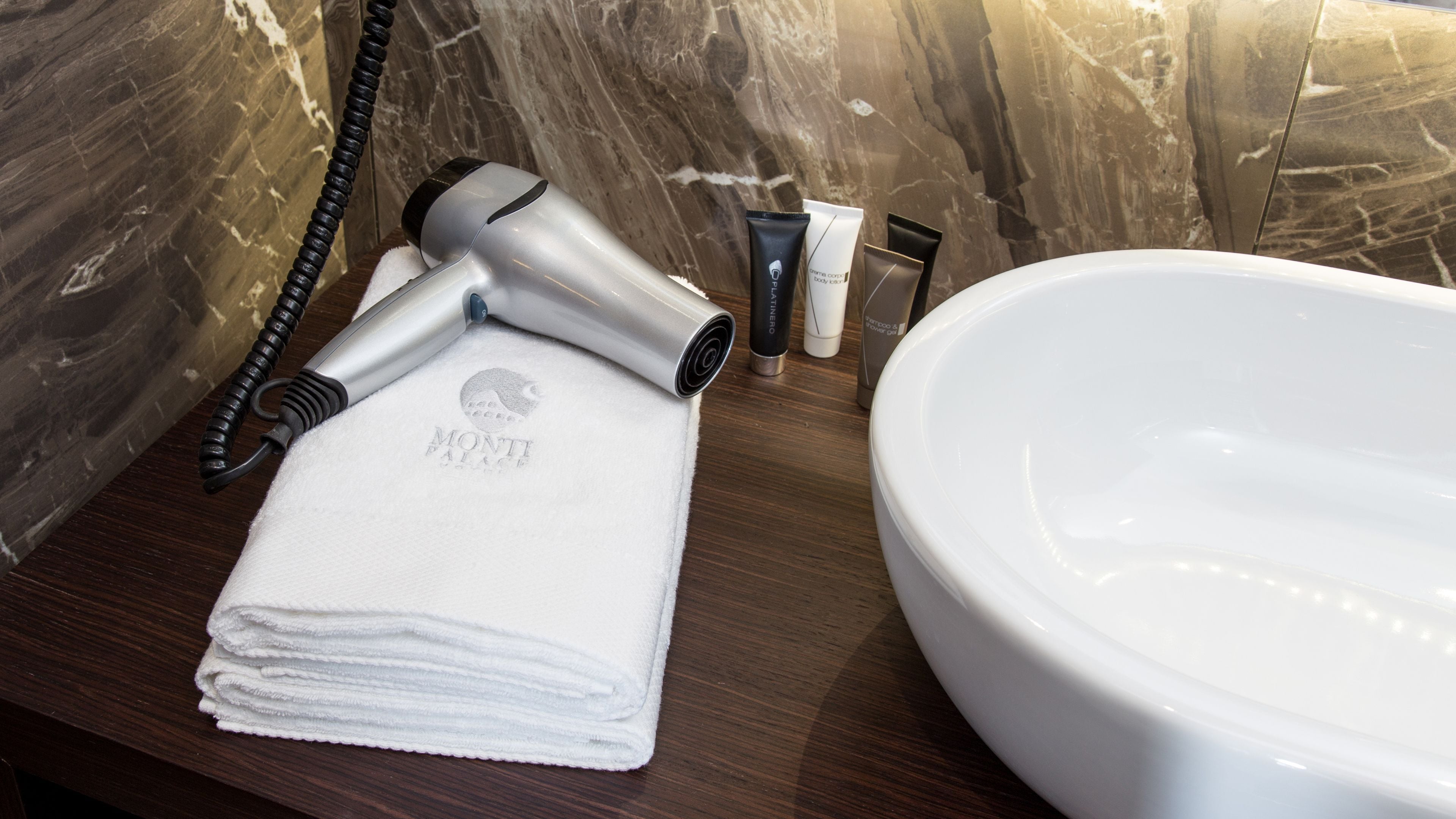 free toiletries, hair dryer, towels