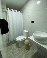 Ducha, cabezal de ducha tipo lluvia, secador de pelo, toallas