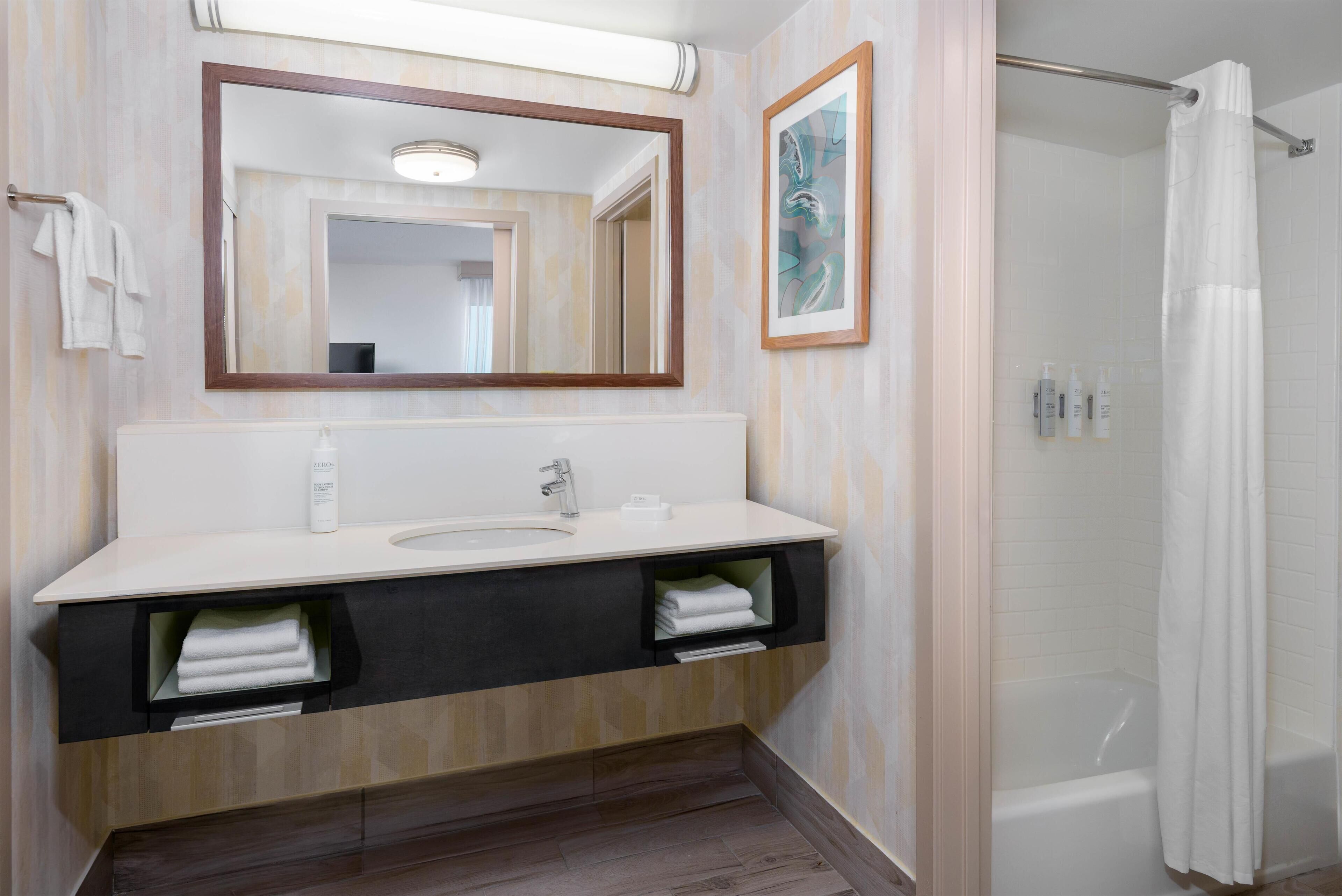 Shower, free toiletries, hair dryer, towels