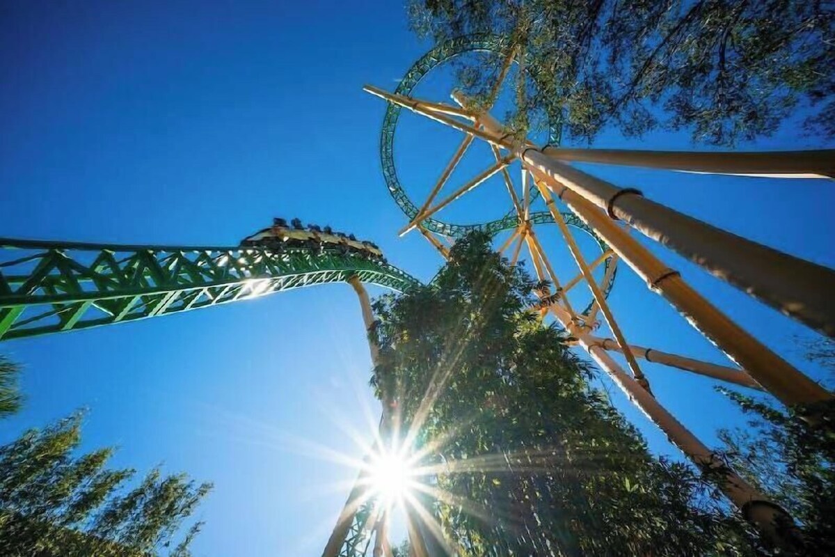 A roller coaster with a green track and a sun shining through the trees.