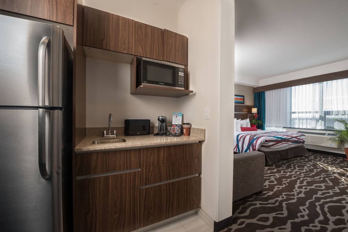 standard room, 1 king bed with sofa bed, kitchenette | private kitchenette | full-sized fridge, microwave, coffee/tea maker, cookware/dishes/utensils