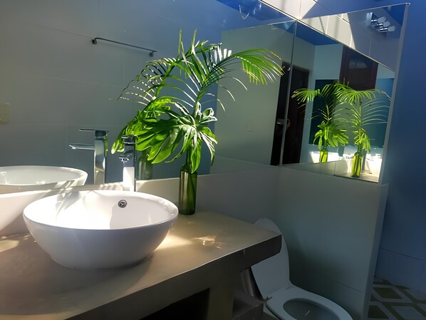 A modern bathroom with a large white sink, a mirror, and a toilet. There is a potted plant on the counter. - Hotel La Polvora (Granada)