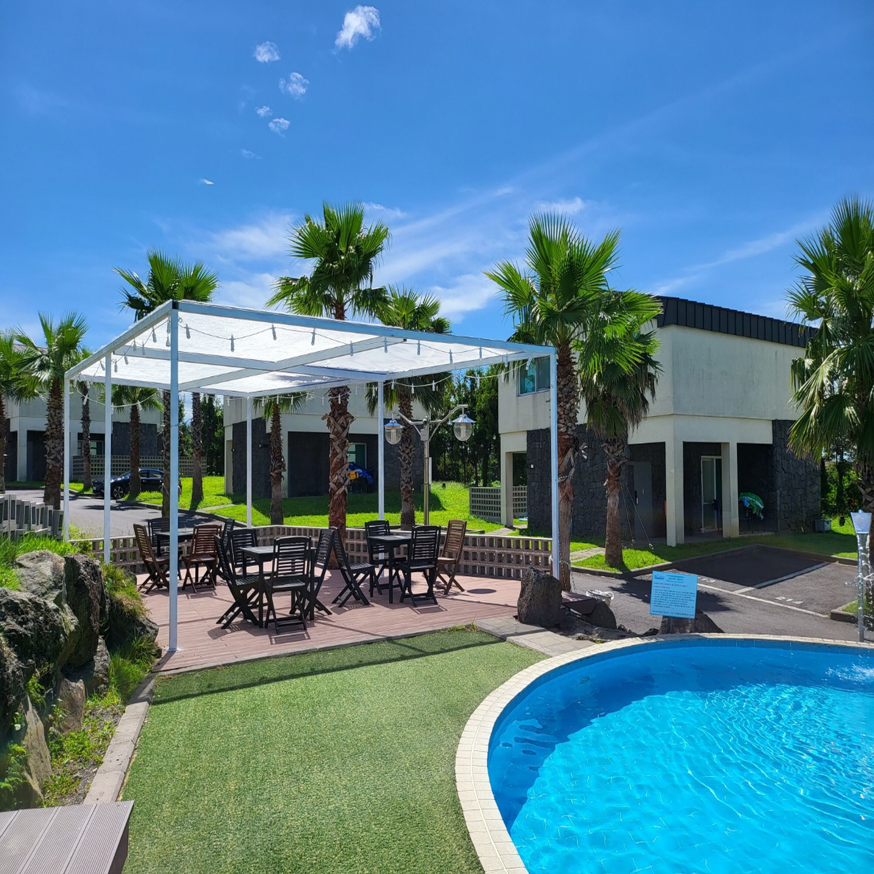 Zona de piscina con área de descanso cubierta, palmeras y un edificio moderno al fondo.