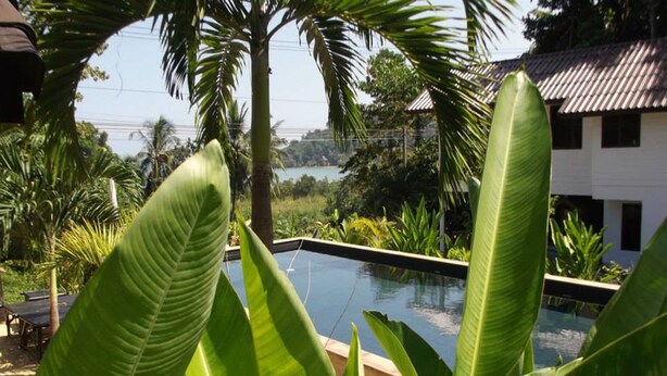 A pool surrounded by lush greenery, with a view of a building and a body of water in the background. - Privacy Resort Koh Chang (Ko Chang)