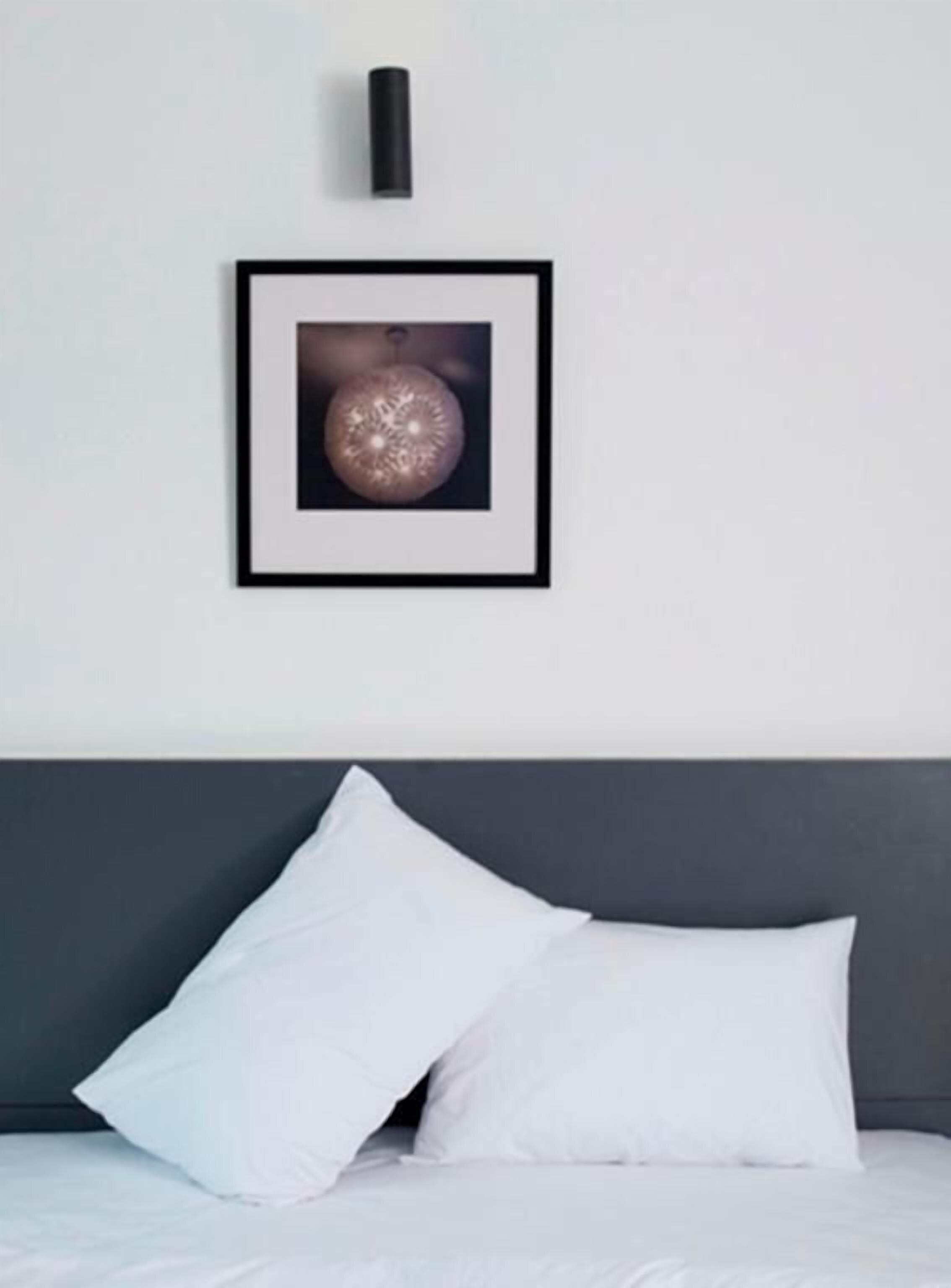 Una cama bien hecha con ropa blanca y dos almohadas, un cuadro con un objeto decorativo en la pared y un cabecero oscuro.