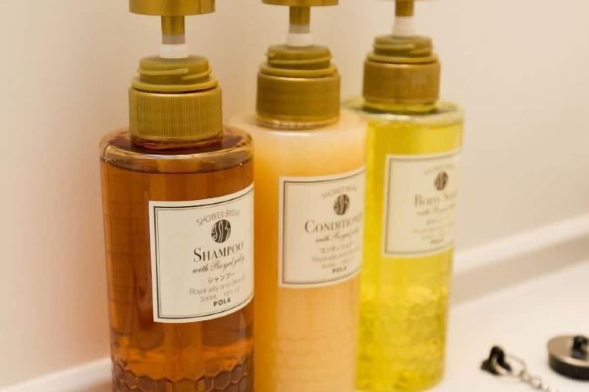 Combined shower/tub, free toiletries, hair dryer, slippers