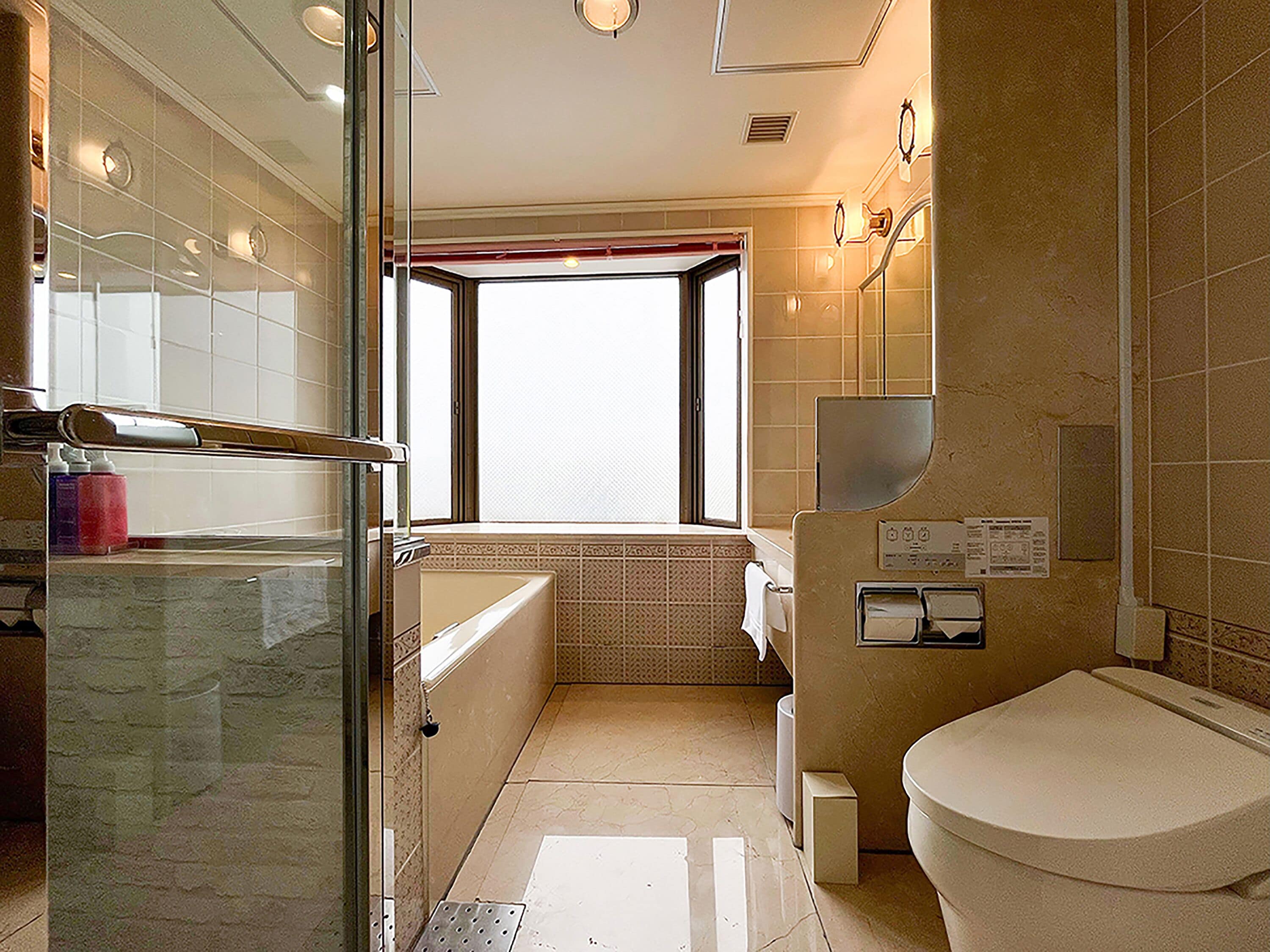 Combined shower/tub, hair dryer, slippers, electronic bidet