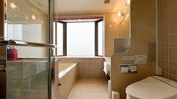 Combined shower/tub, hair dryer, slippers, electronic bidet