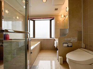 Combined shower/tub, hair dryer, slippers, electronic bidet