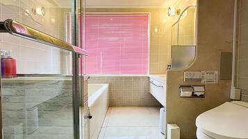 Combined shower/bathtub, hair dryer, slippers, electronic bidet
