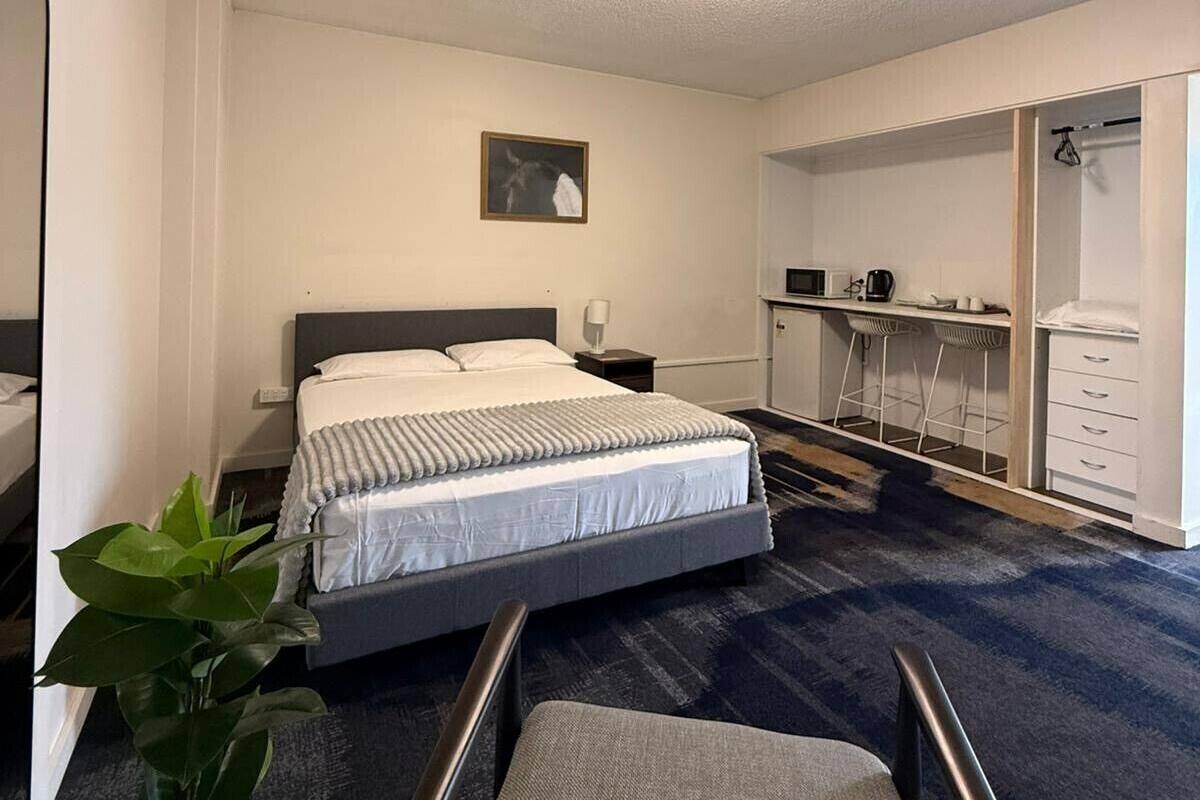 A hotel room with a bed, bedside table, lamp, plant, and a kitchenette area.