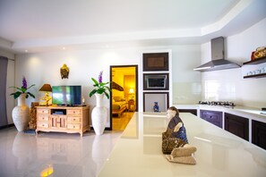 Executive-Villa | Wohnbereich | 32-Zoll-Flachbildfernseher mit Kabelempfang, Fernseher, DVD-Player