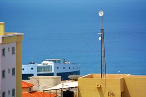A coastal building with a satellite dish, a ladder, and a view of the sea.