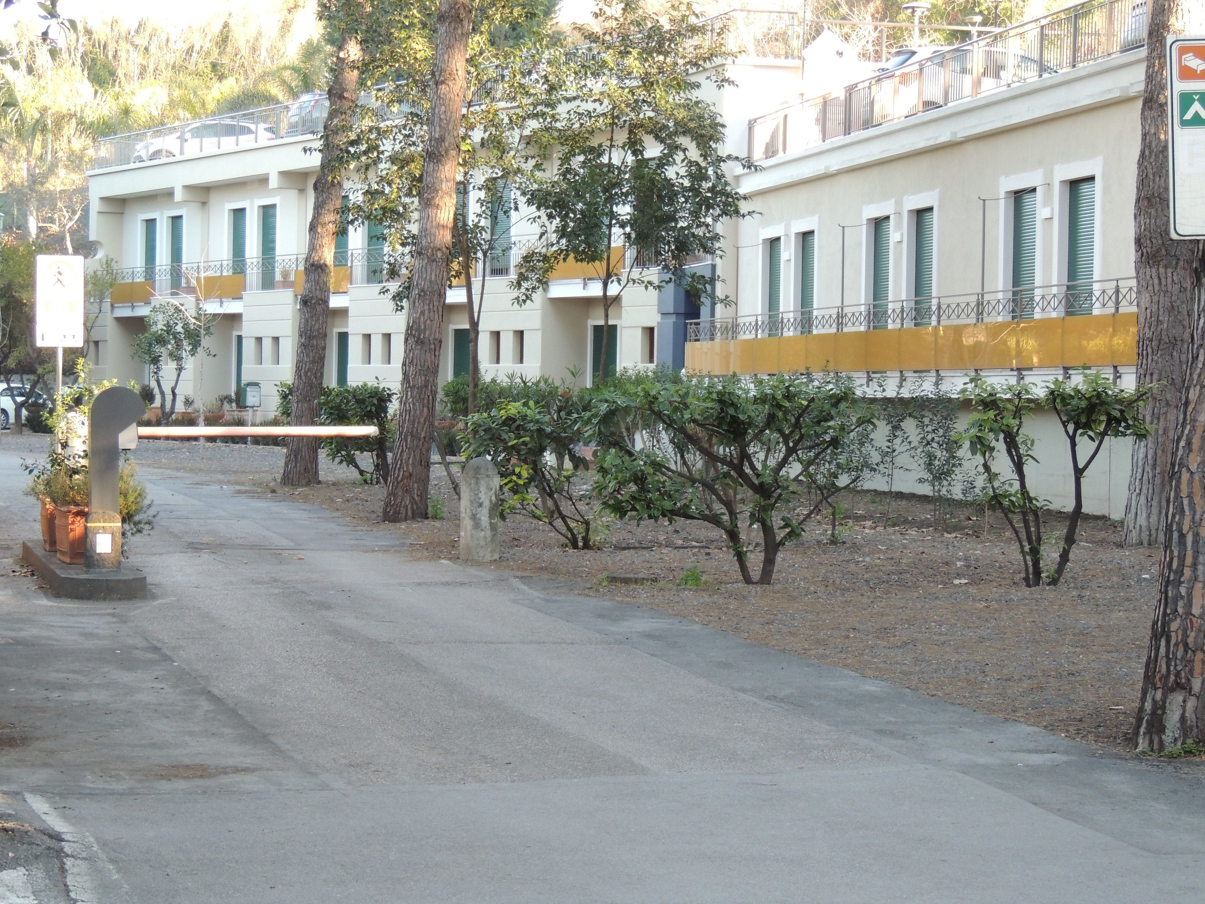 Una hilera de edificios modernos con balcones, un sendero pavimentado y árboles.