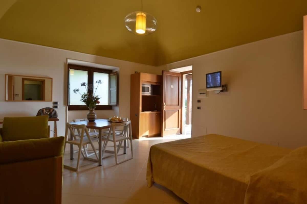 Una habitación con cama, una mesa de comedor con sillas, una pequeña cocina y un televisor en la pared.