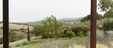 Un espacio al aire libre con dos sillas y una mesa, con vistas a un paisaje pintoresco.