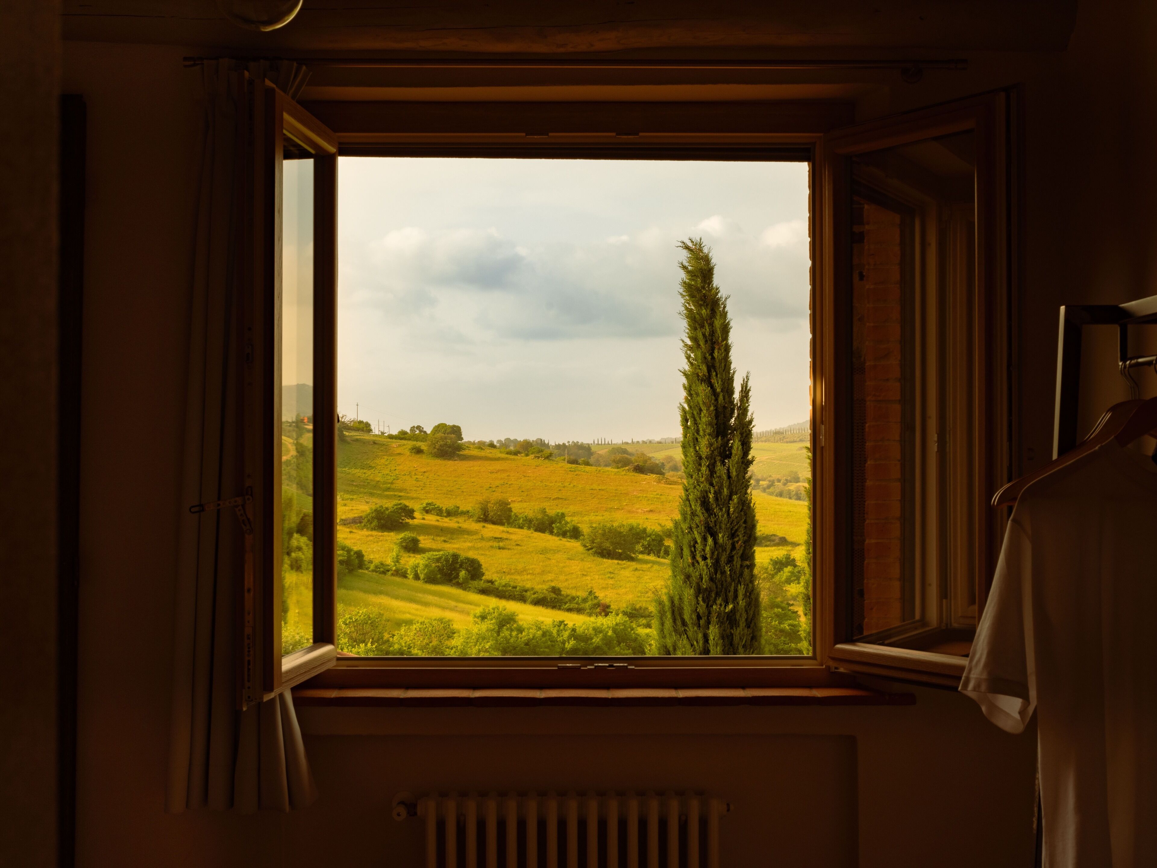 A room with a window overlooking a green landscape, a radiator below the window, and a hanging garment to the right.