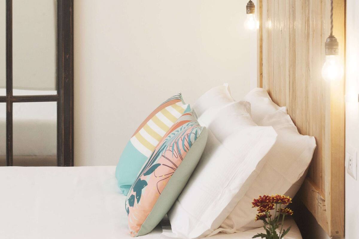 Phòng đôi tiện nghi đơn giản | Bộ trải giường bằng vải Frette của Ý, bộ đồ giường kháng dị ứng 