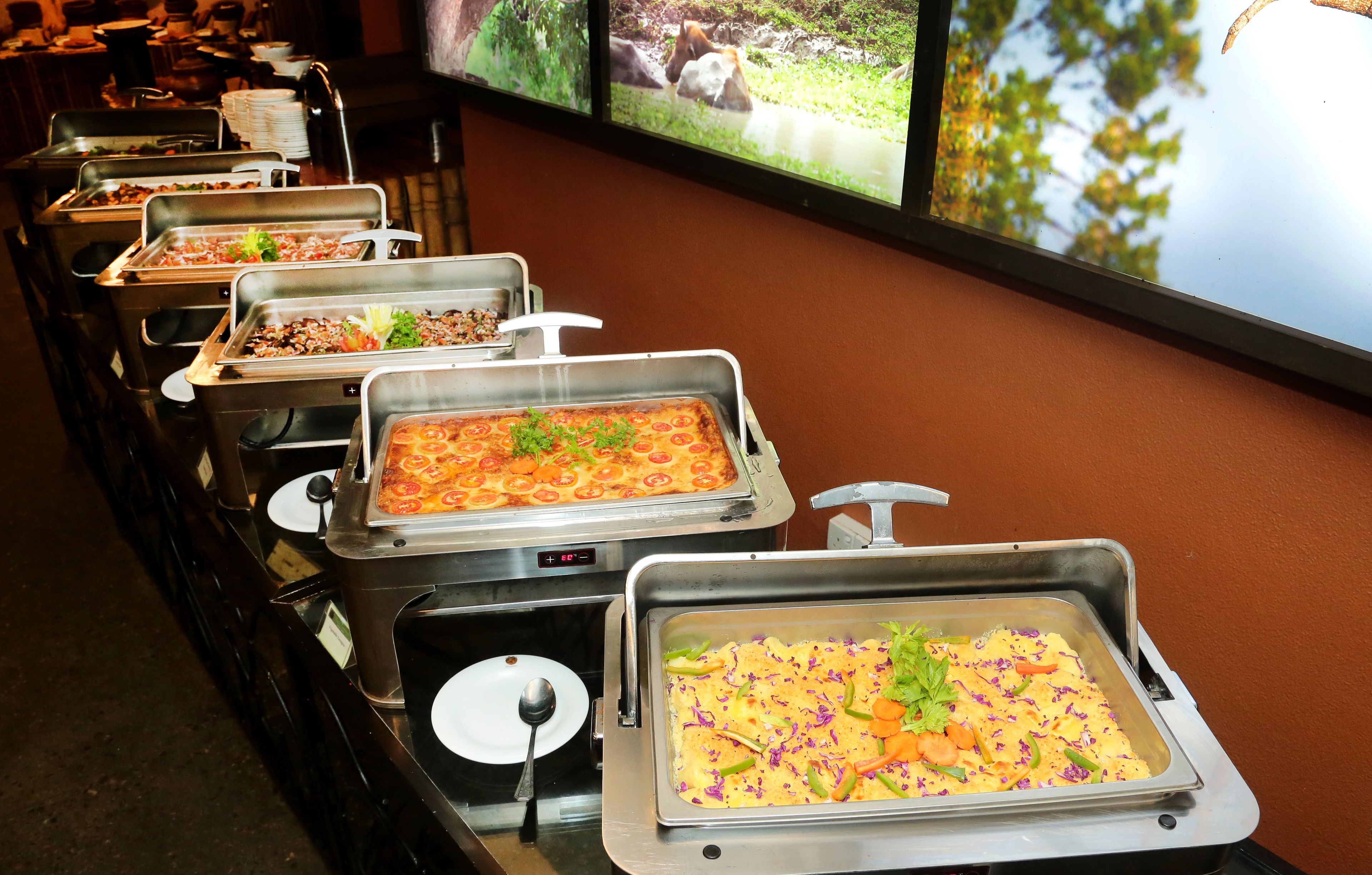 A buffet with various dishes, including a pizza, salad, and a casserole, with a wall-mounted TV displaying nature scenes.