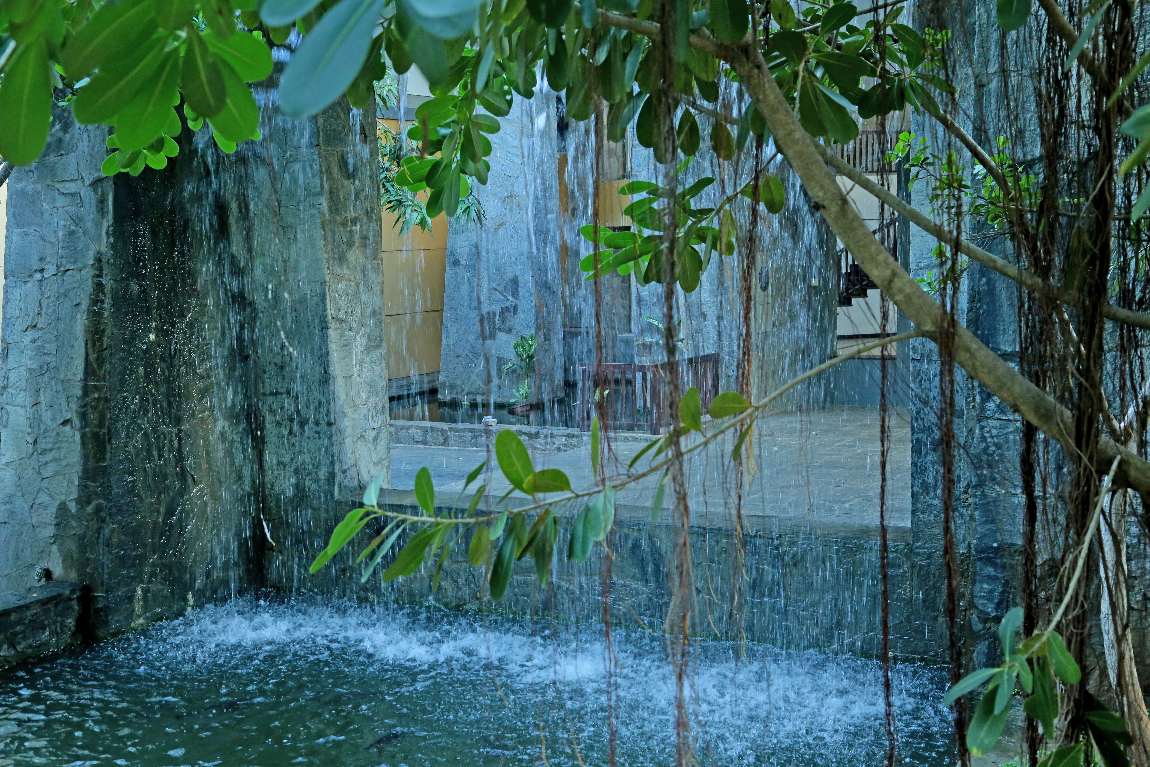 A waterfall cascading into a pool surrounded by stone walls and greenery.