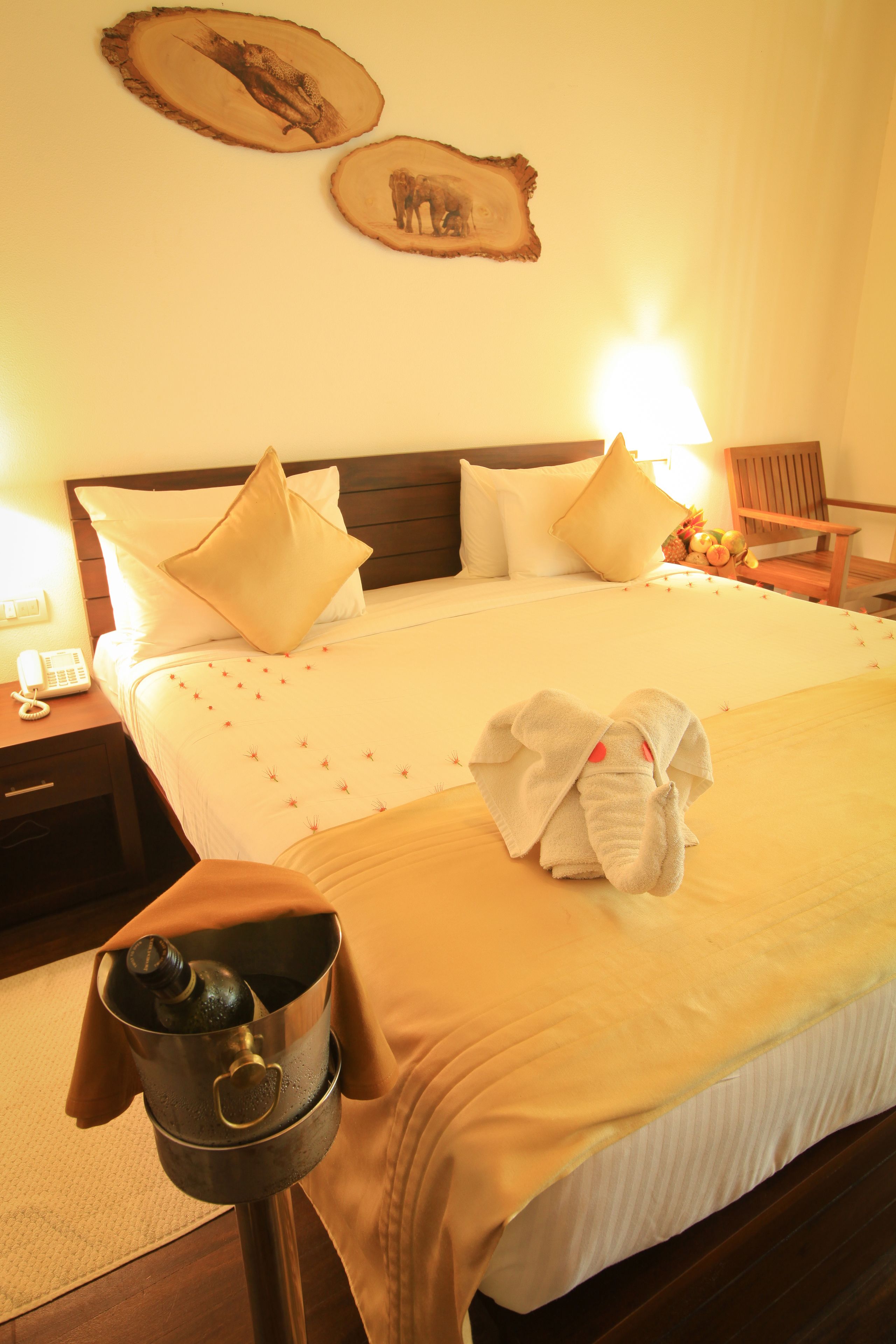 A neatly made bed with a white bedspread and decorative pillows, a bedside table with a lamp, and a wooden chair in the corner.